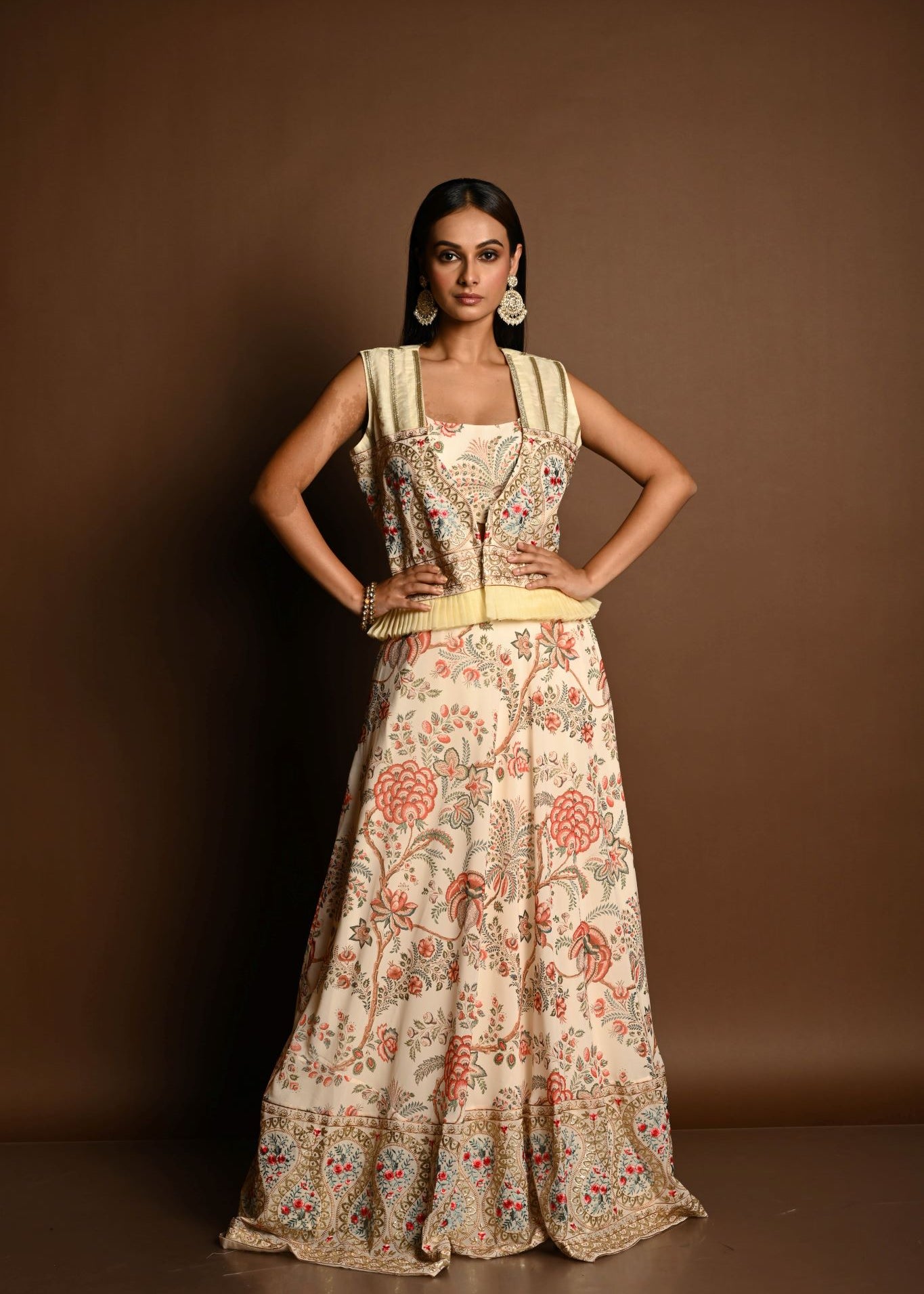 Ivory White Floral Print lehenga with Embroidered Jacket - Anvi Couture