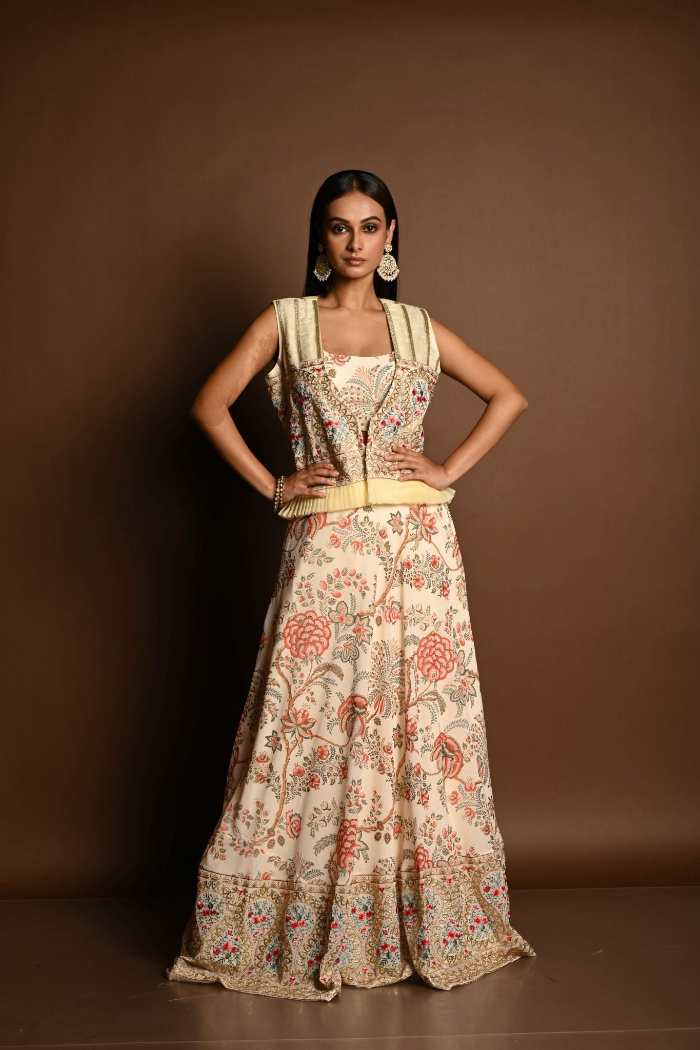 Ivory White Floral Print lehenga with Embroidered Jacket - Anvi Couture