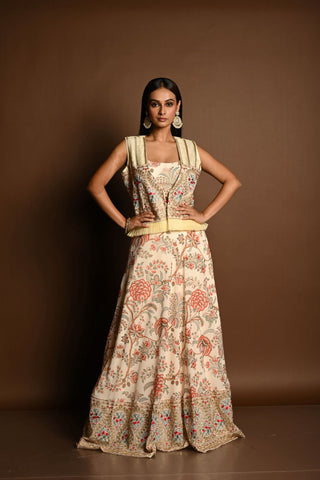 Ivory White Floral Print lehenga with Embroidered Jacket