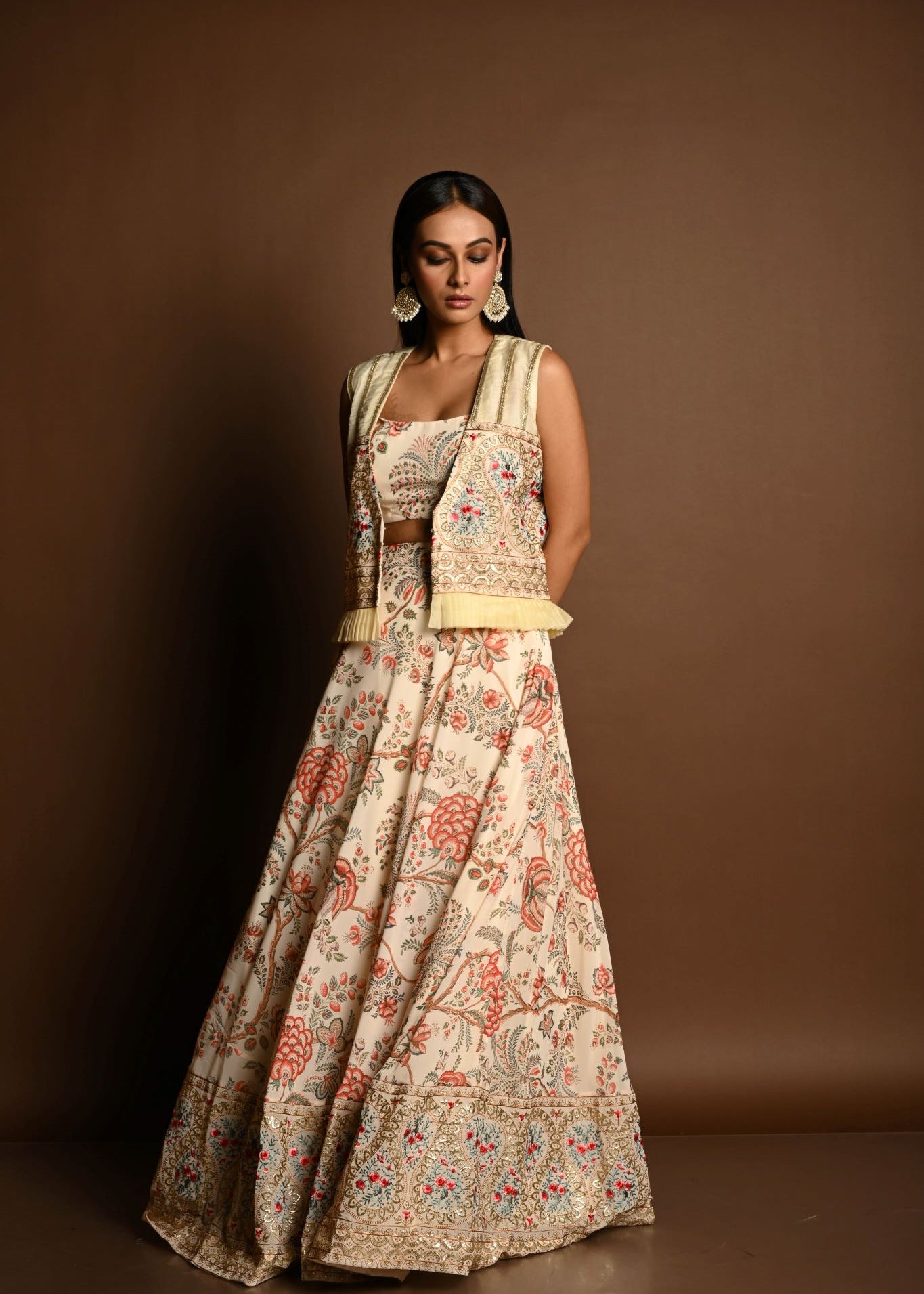 Ivory White Floral Print lehenga with Embroidered Jacket - Anvi Couture