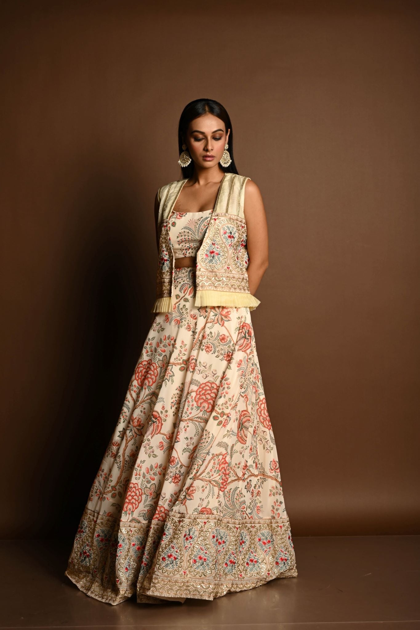 Ivory White Floral Print lehenga with Embroidered Jacket - Anvi Couture