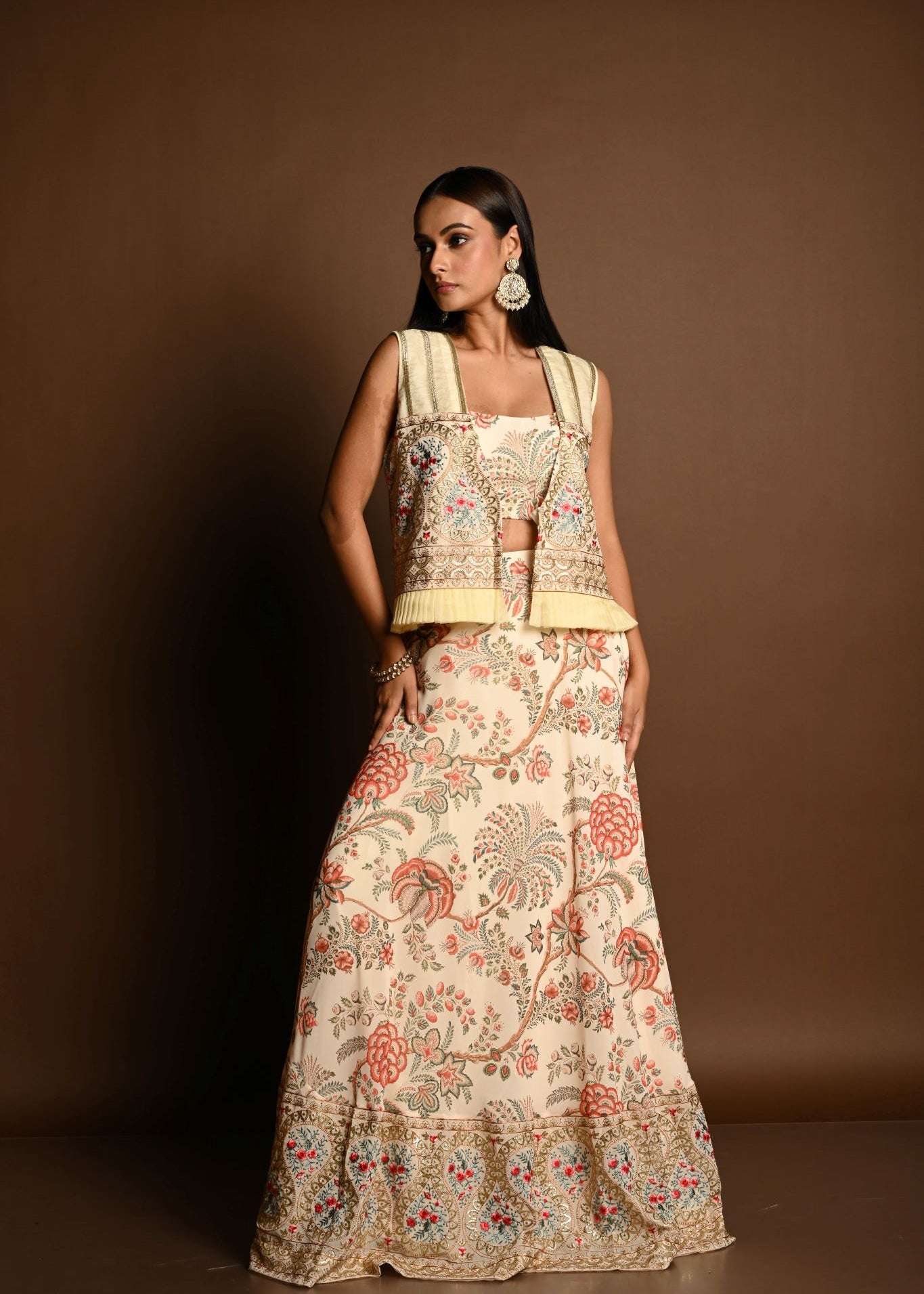 Ivory White Floral Print lehenga with Embroidered Jacket - Anvi Couture