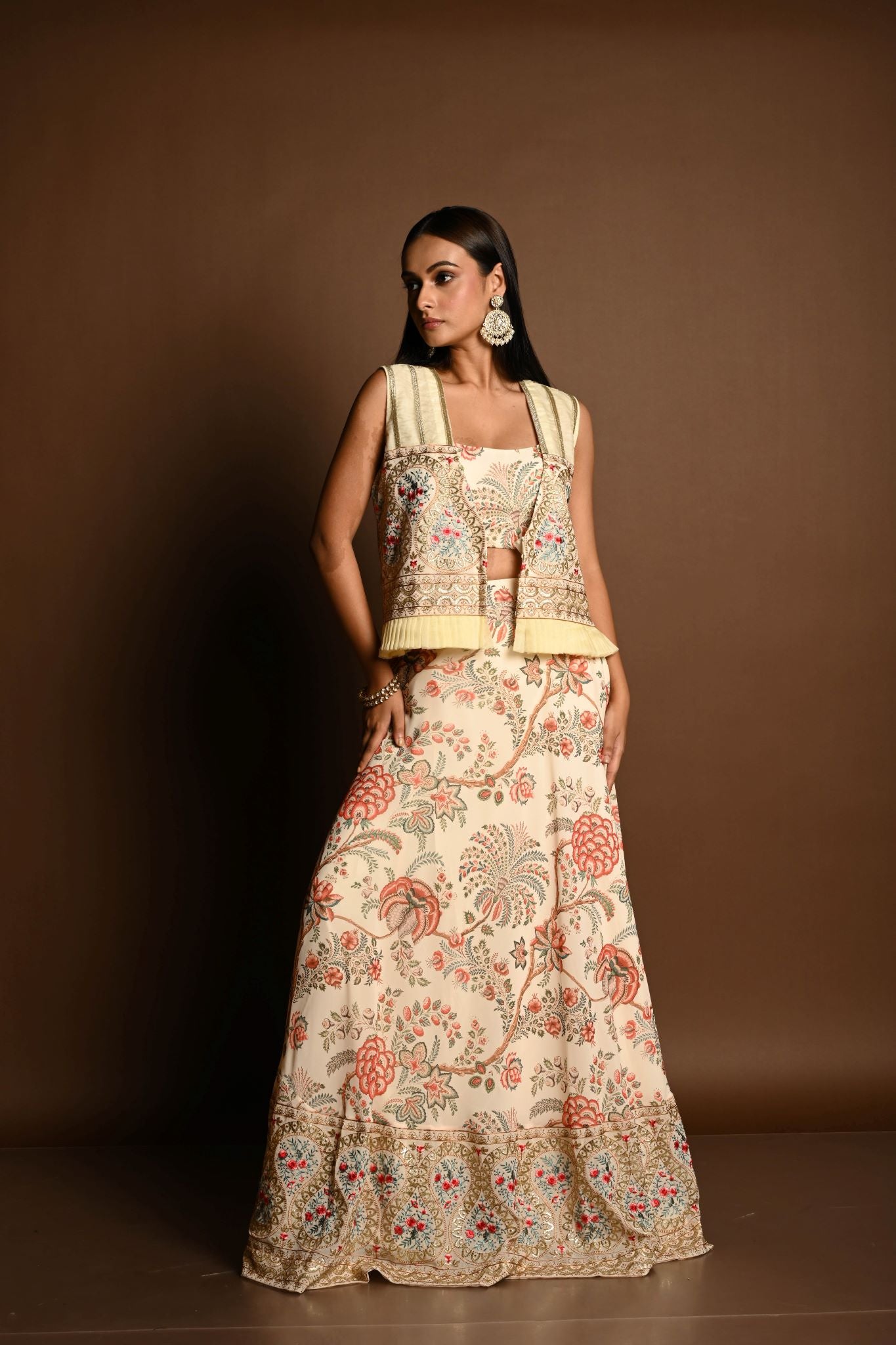 Ivory White Floral Print lehenga with Embroidered Jacket - Anvi Couture