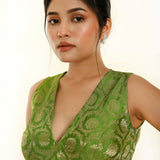 Green Sleeveless Brocade Silk Blouse with V Neckline