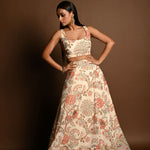 Ivory White Floral Print lehenga with Embroidered Jacket - Anvi Couture