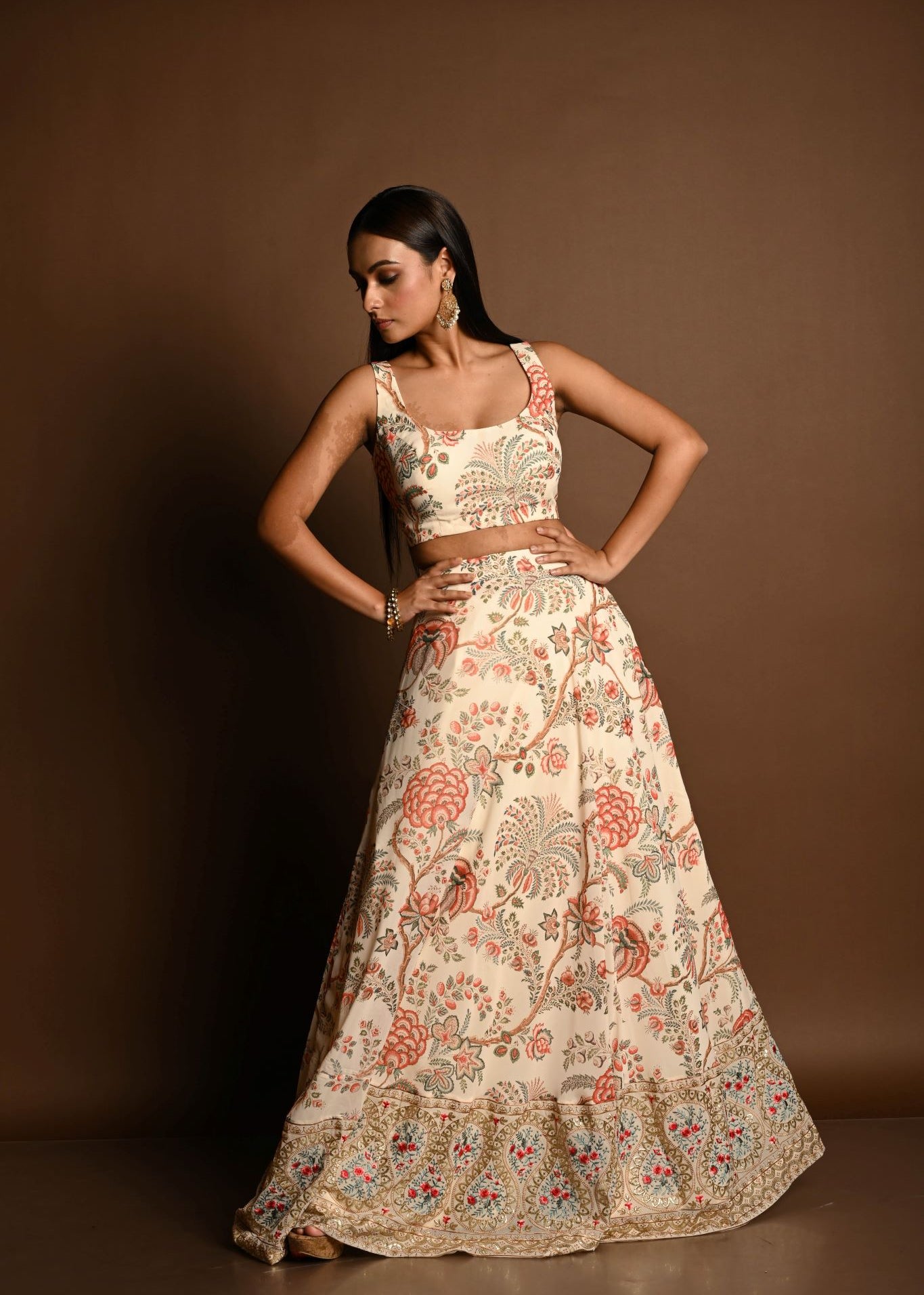 Ivory White Floral Print lehenga with Embroidered Jacket - Anvi Couture