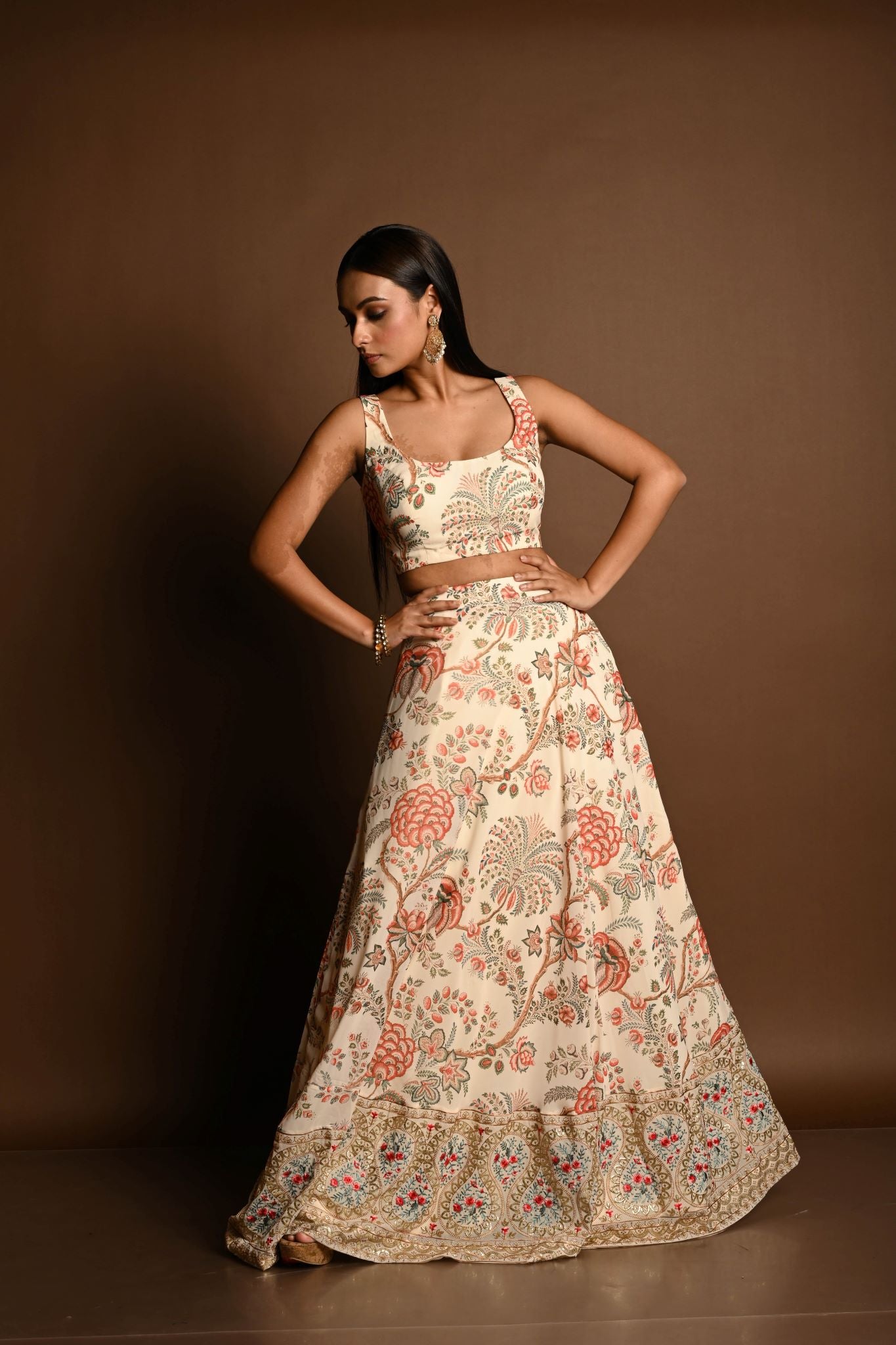 Ivory White Floral Print lehenga with Embroidered Jacket - Anvi Couture