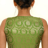 Green Sleeveless Brocade Silk Blouse with V Neckline