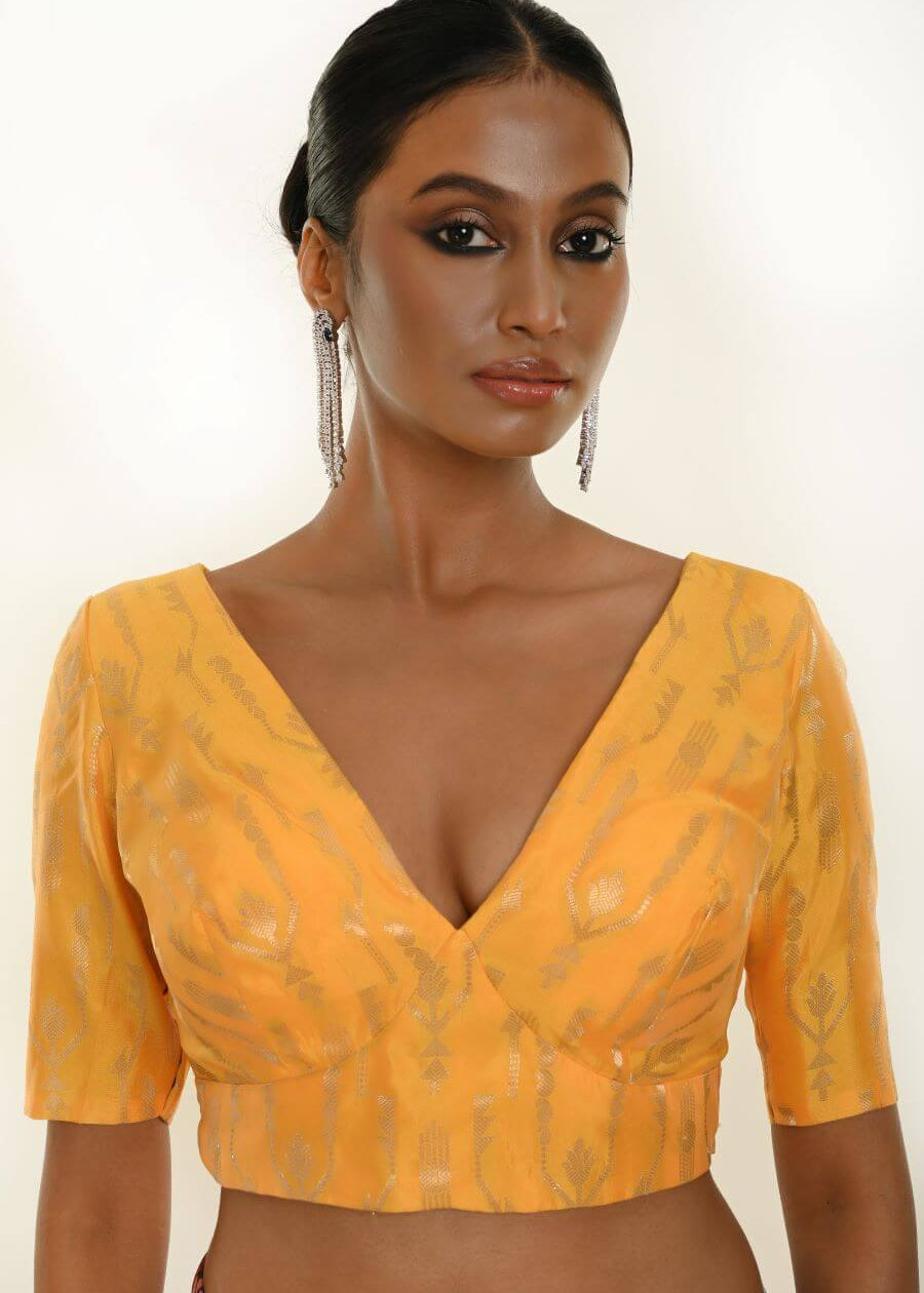 Yellow Brocade Silk Blouse for Women with V-Neckline - Anvi Couture