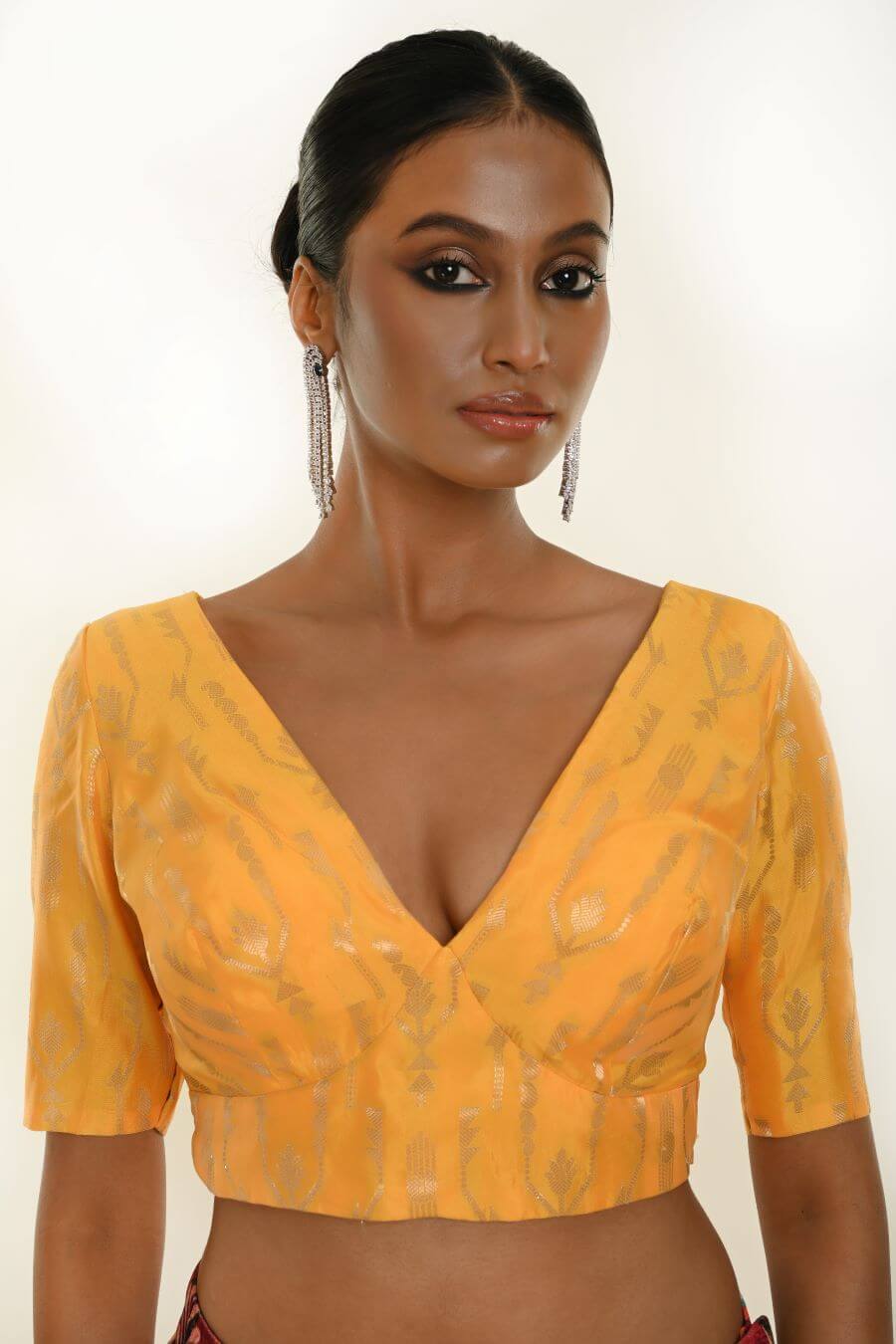 Yellow Brocade Silk Blouse for Women with V-Neckline - Anvi Couture