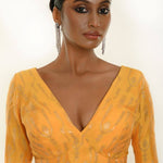 Yellow Brocade Silk Blouse for Women with V-Neckline - Anvi Couture