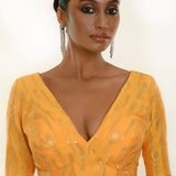 Yellow Brocade Silk Blouse for Women with V-Neckline - Anvi Couture