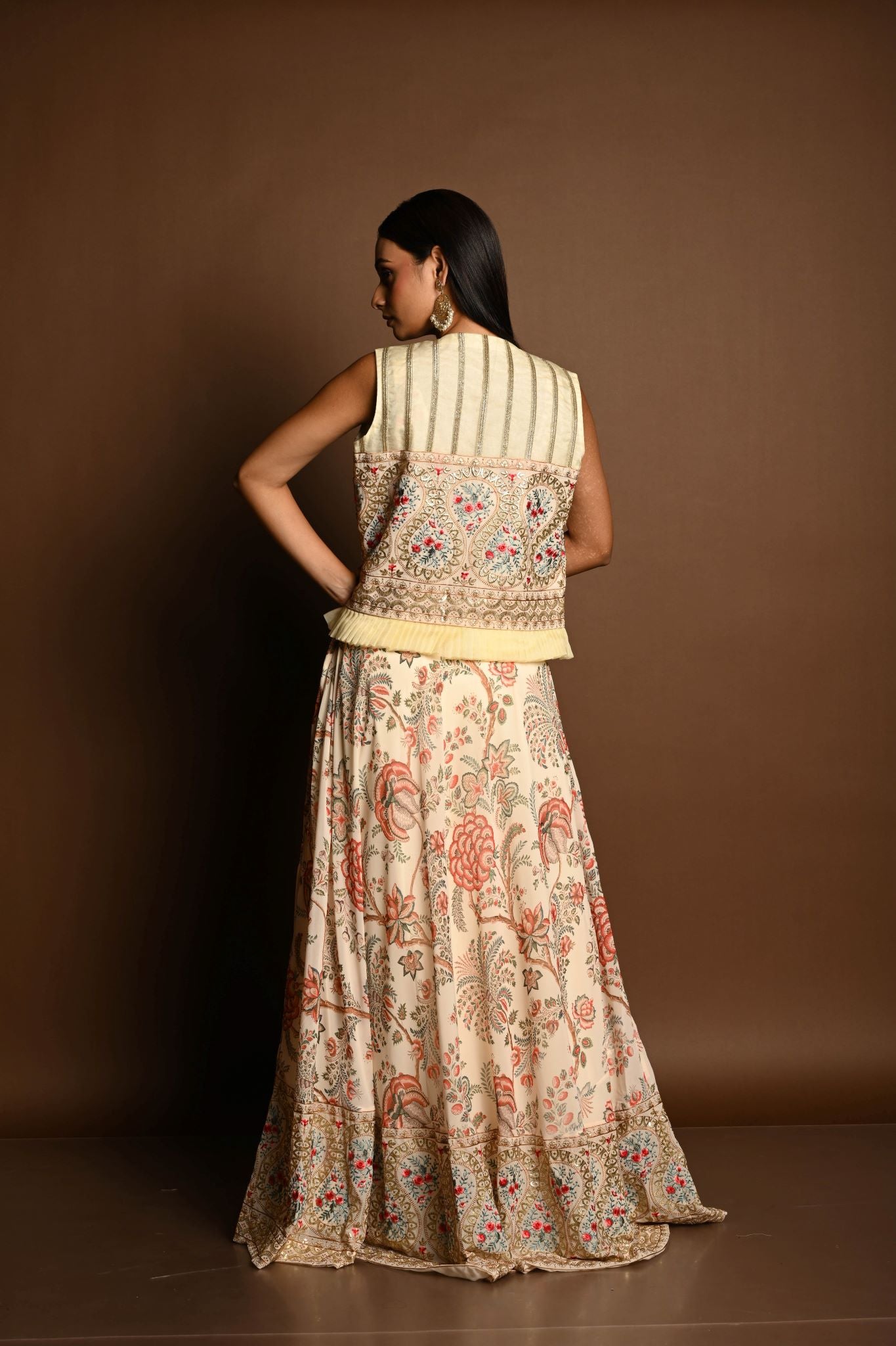 Ivory White Floral Print lehenga with Embroidered Jacket - Anvi Couture