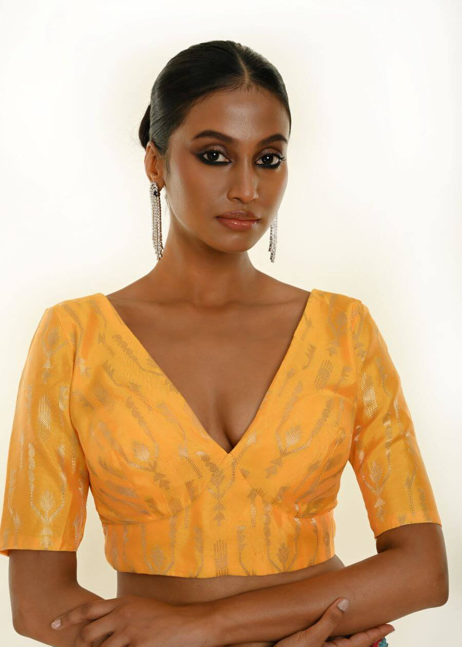 Yellow Brocade Silk Blouse for Women with V-Neckline - Anvi Couture