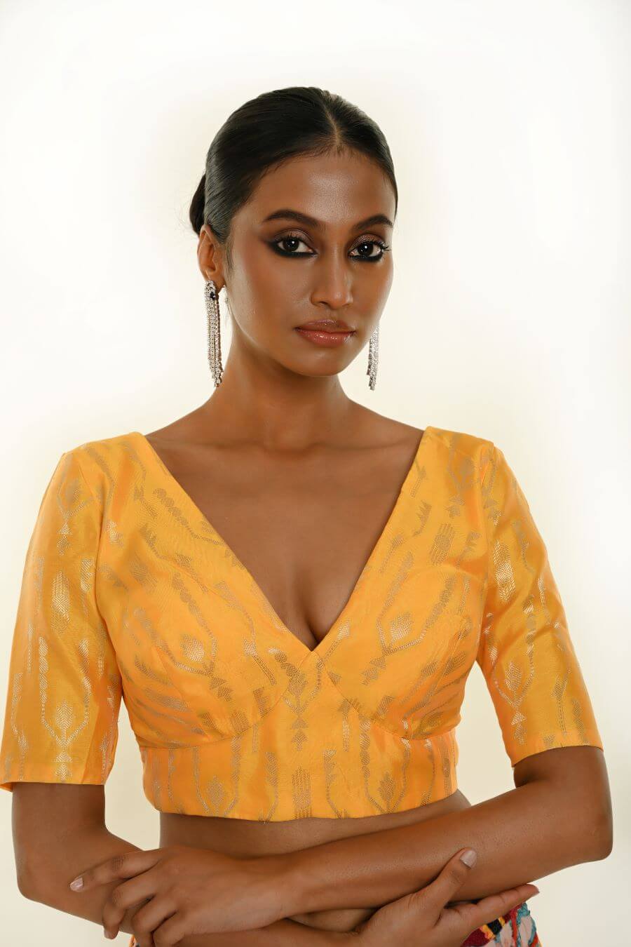 Yellow Brocade Silk Blouse for Women with V-Neckline - Anvi Couture