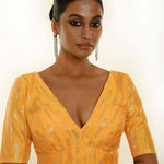 Yellow Brocade Silk Blouse for Women with V-Neckline - Anvi Couture