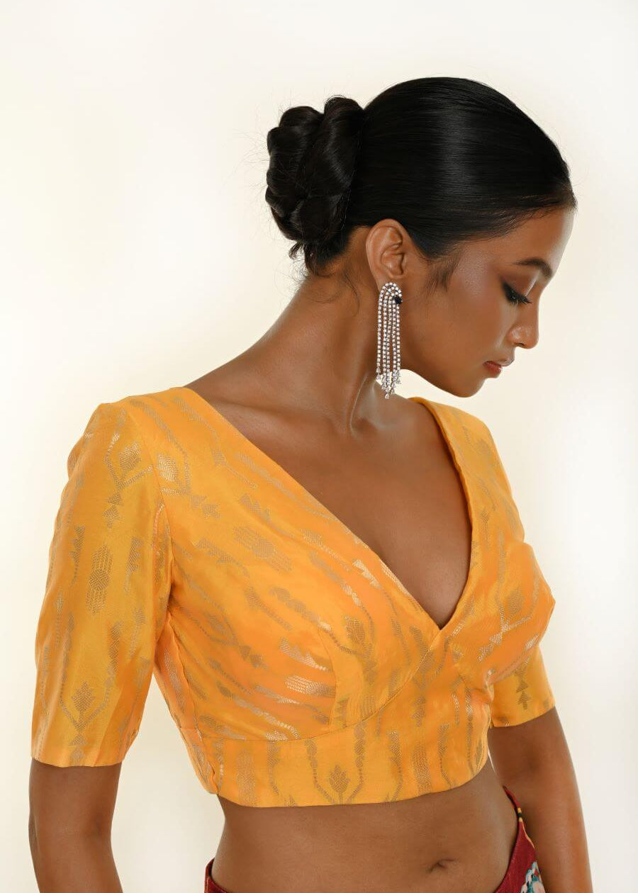 Yellow Brocade Silk Blouse for Women with V-Neckline - Anvi Couture