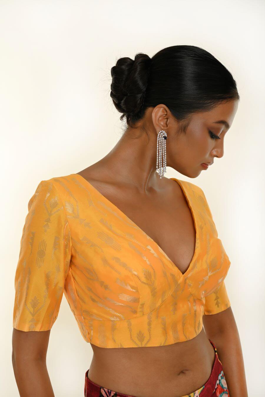 Yellow Brocade Silk Blouse for Women with V-Neckline - Anvi Couture