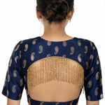 Blue Brocade Blouse with Back Tassel and Elbow Sleeve - Anvi Couture