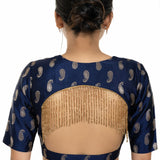 Blue Brocade Blouse with Back Tassel and Elbow Sleeve - Anvi Couture