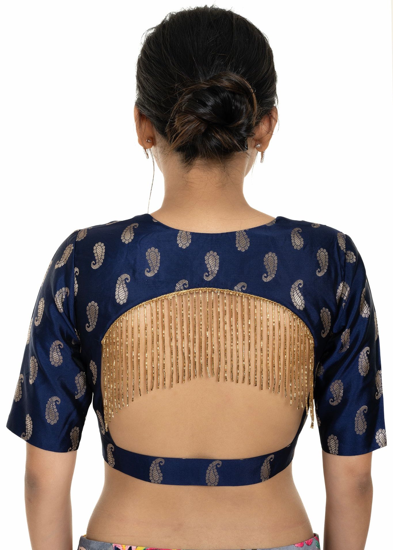 Blue Brocade Blouse with Back Tassel and Elbow Sleeve - Anvi Couture