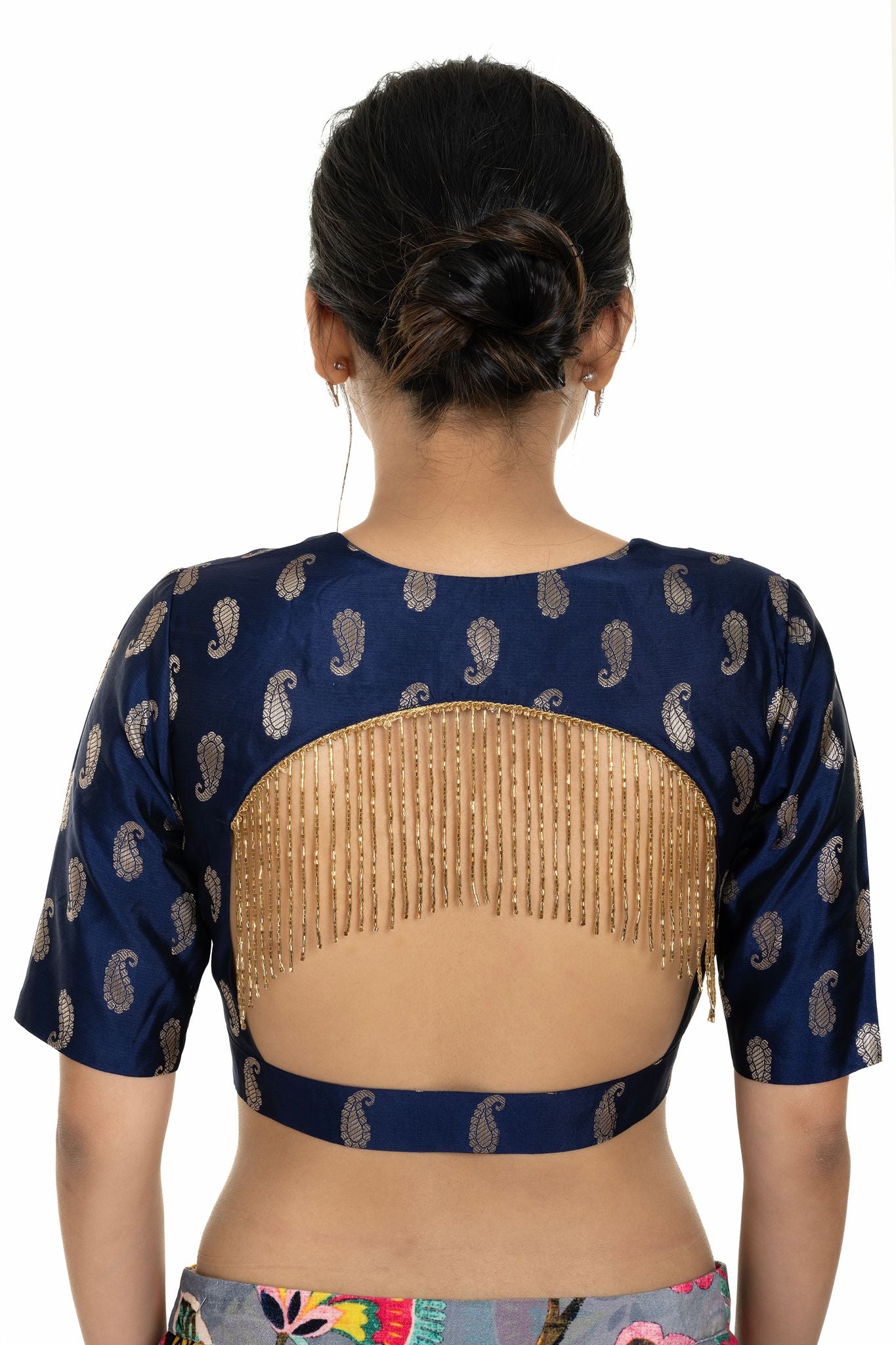 Blue Brocade Blouse with Back Tassel and Elbow Sleeve - Anvi Couture