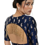 Blue Brocade Blouse with Back Tassel and Elbow Sleeve - Anvi Couture