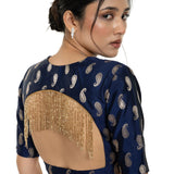 Blue Brocade Blouse with Back Tassel and Elbow Sleeve - Anvi Couture