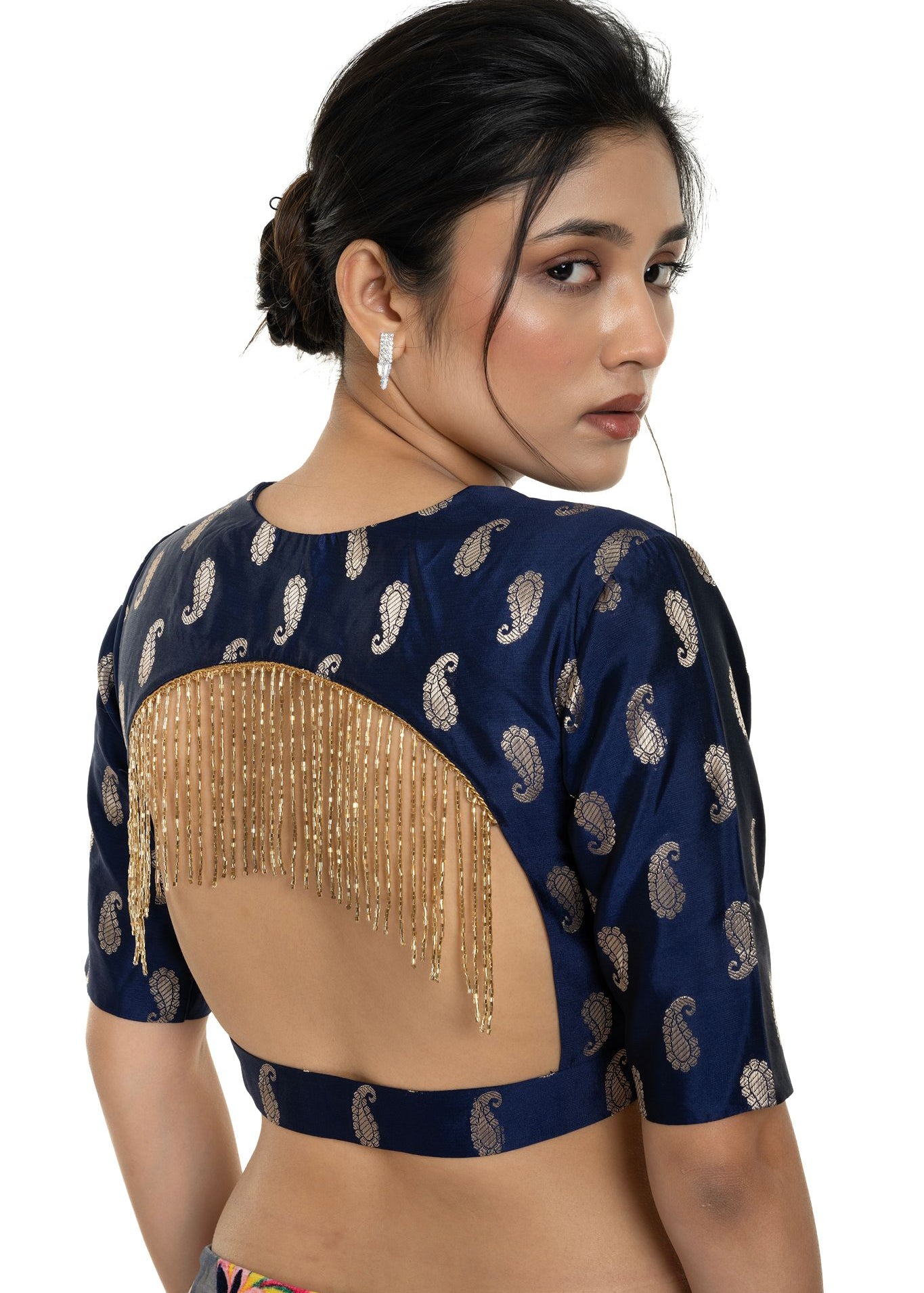 Blue Brocade Blouse with Back Tassel and Elbow Sleeve - Anvi Couture