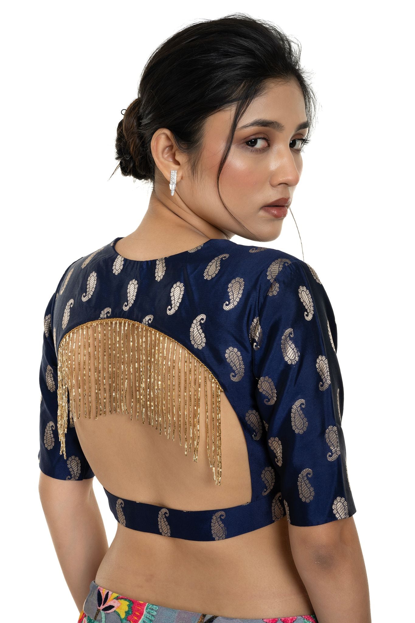 Blue Brocade Blouse with Back Tassel and Elbow Sleeve - Anvi Couture