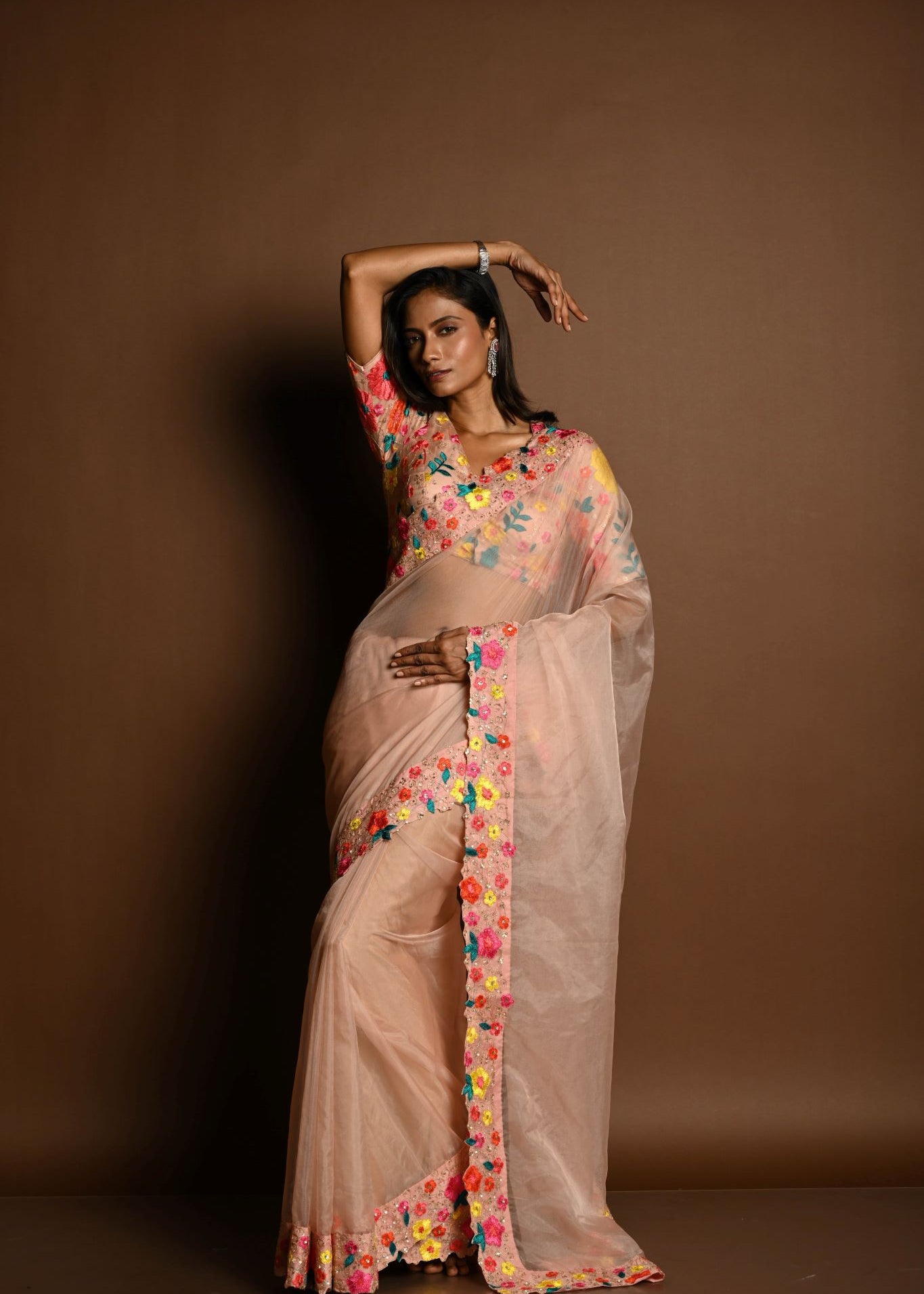 Coral Peach Organza Saree Blouse Set with Multicolored Floral Hand Embroidered Work - Anvi Couture