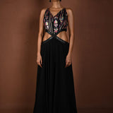 Black Long Dress with Multicolor Embroidery and Side Cutouts - Anvi Couture