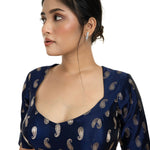 Blue Brocade Blouse with Back Tassel and Elbow Sleeve - Anvi Couture