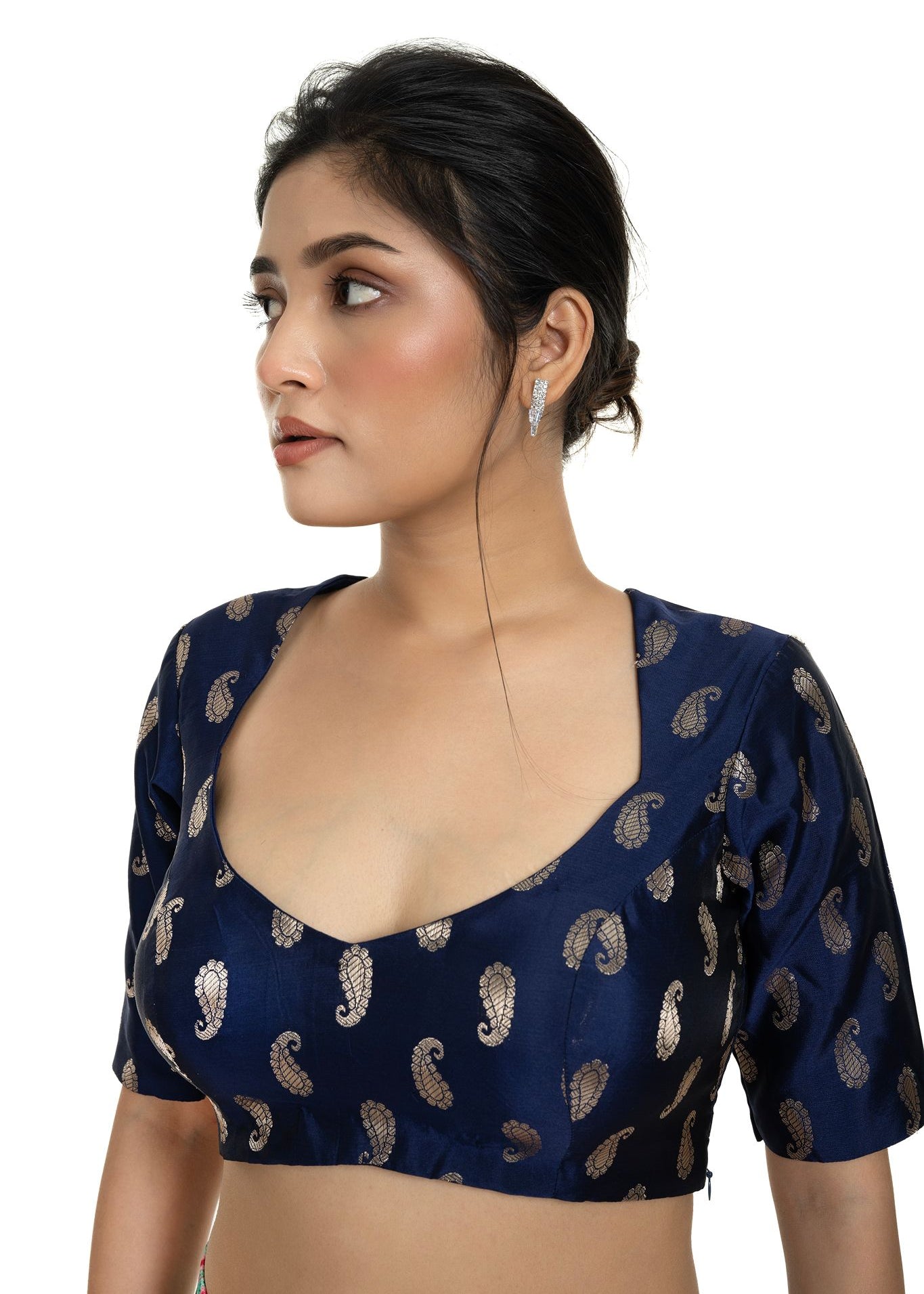 Blue Brocade Blouse with Back Tassel and Elbow Sleeve - Anvi Couture