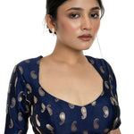 Blue Brocade Blouse with Back Tassel and Elbow Sleeve - Anvi Couture