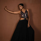 Black Long Dress with Multicolor Embroidery and Side Cutouts - Anvi Couture