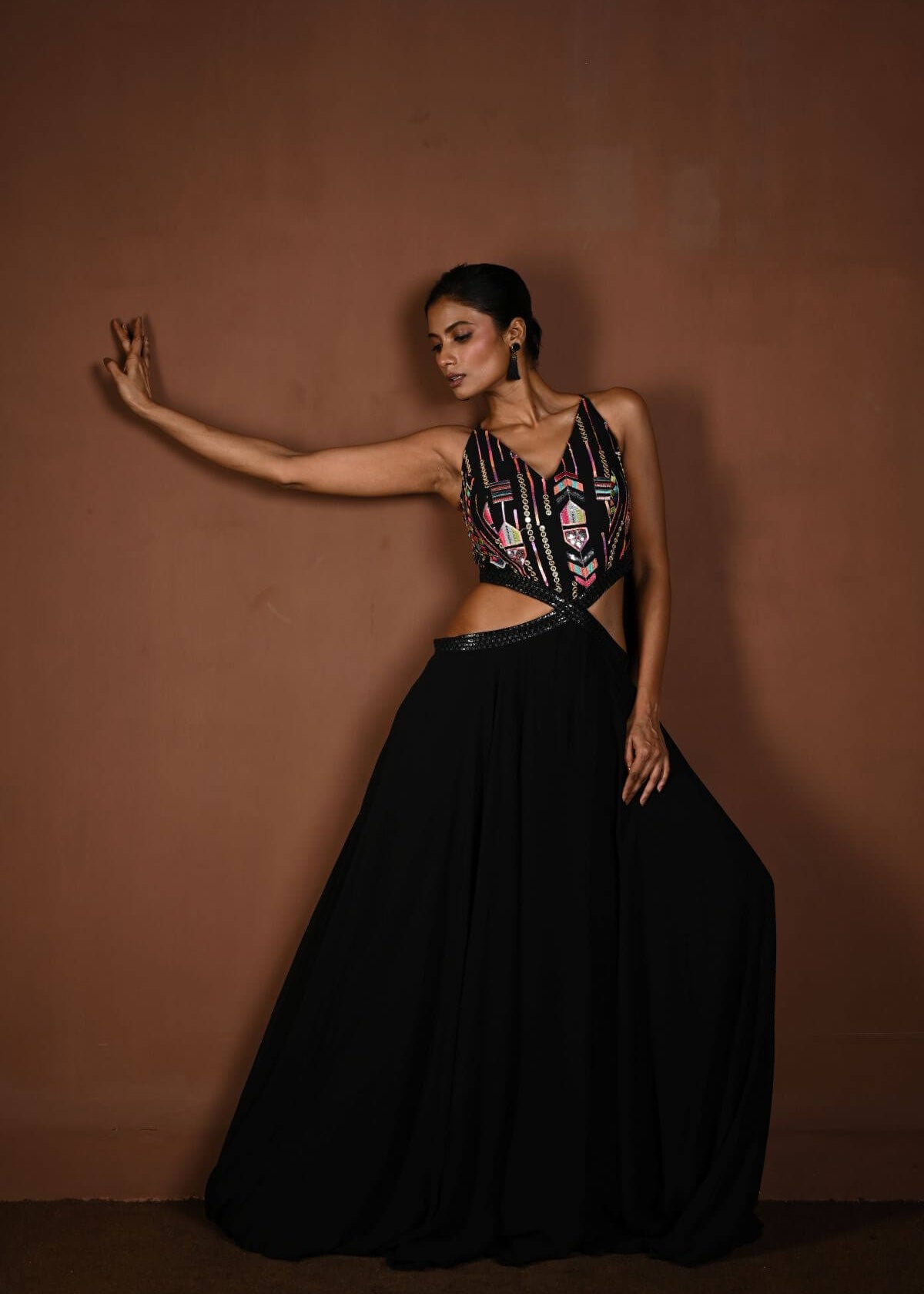 Black Long Dress with Multicolor Embroidery and Side Cutouts - Anvi Couture