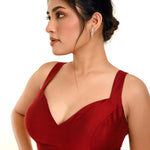 Maroon Sleeveless Pure Raw Silk Blouse with Sweetheart Neckline - Anvi Couture