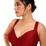 Maroon Sleeveless Pure Raw Silk Blouse with Sweetheart Neckline - Anvi Couture