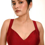 Maroon Sleeveless Pure Raw Silk Blouse with Sweetheart Neckline - Anvi Couture