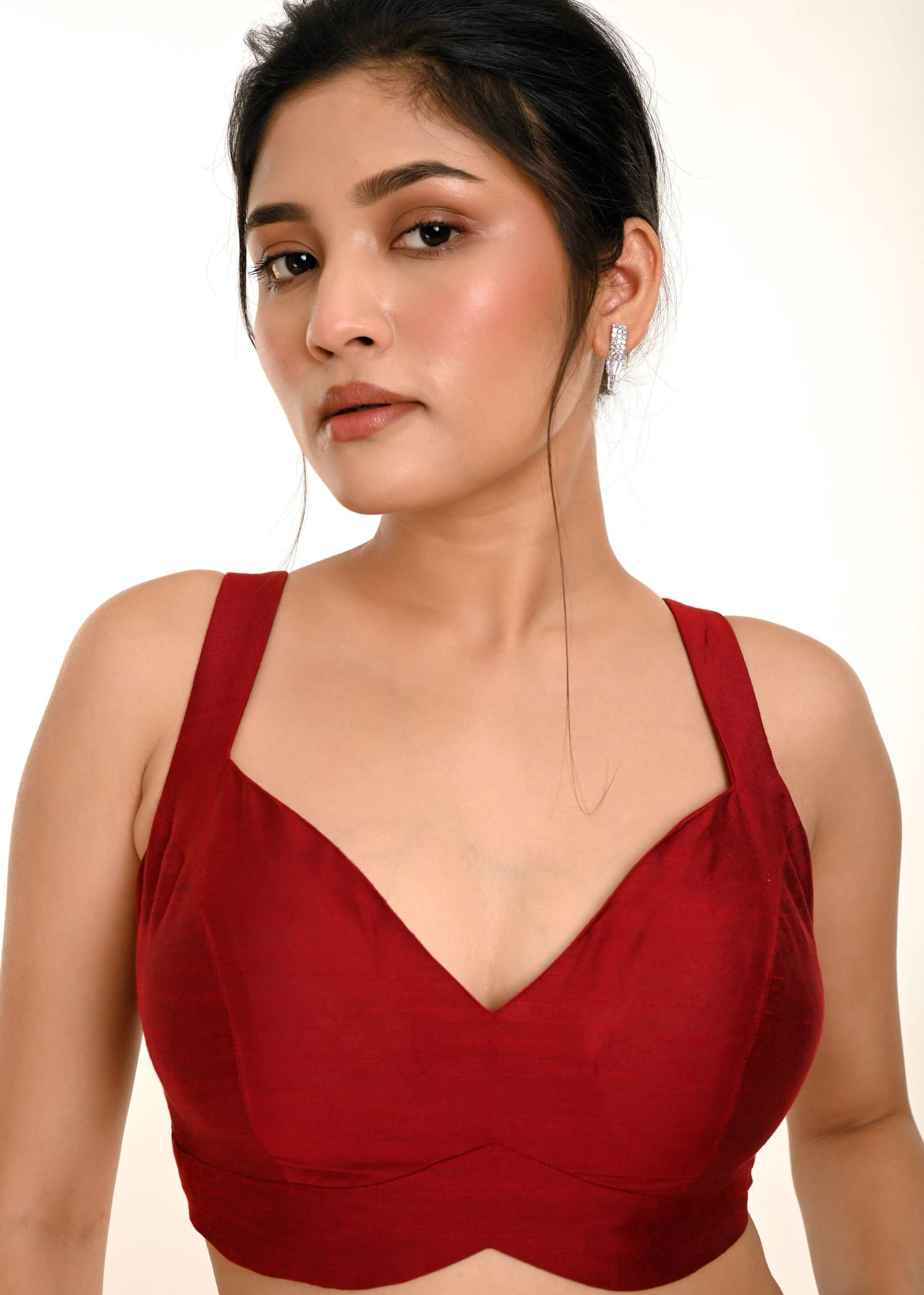 Maroon Sleeveless Pure Raw Silk Blouse with Sweetheart Neckline - Anvi Couture