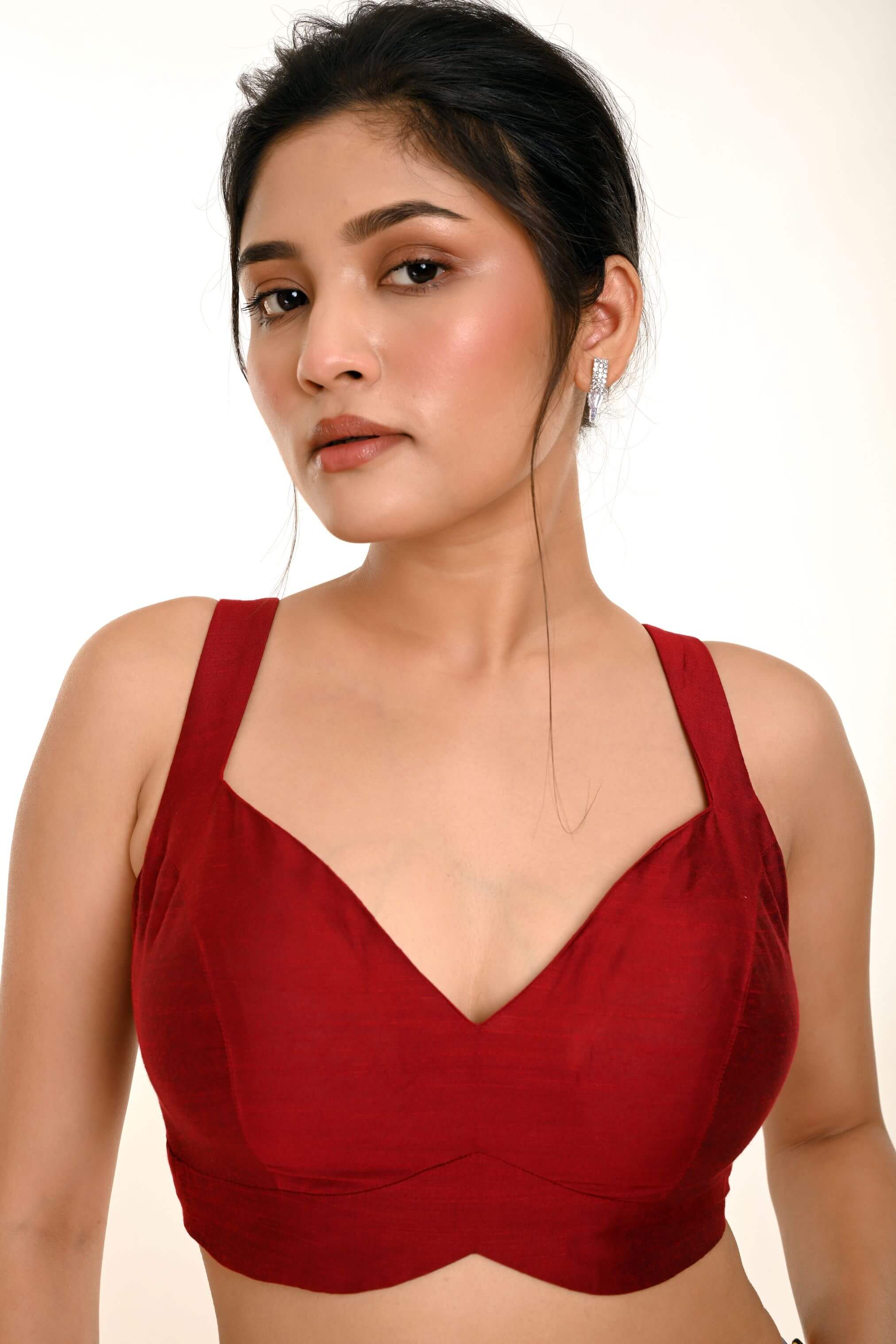 Maroon Sleeveless Pure Raw Silk Blouse with Sweetheart Neckline - Anvi Couture