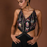 Black Long Dress with Multicolor Embroidery and Side Cutouts - Anvi Couture
