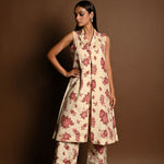 Red and White Printed Long Jacket and Pant Set - Anvi Couture