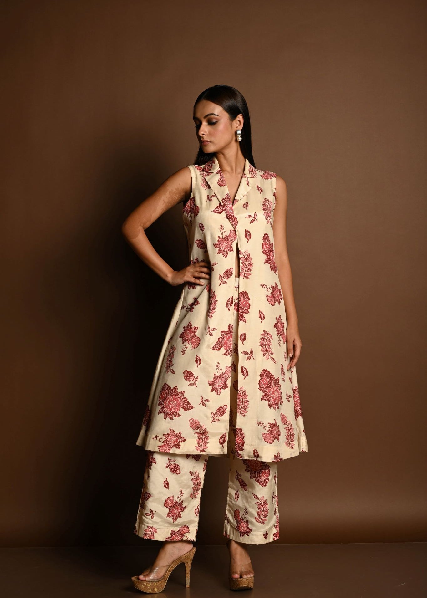 Red and White Printed Long Jacket and Pant Set - Anvi Couture