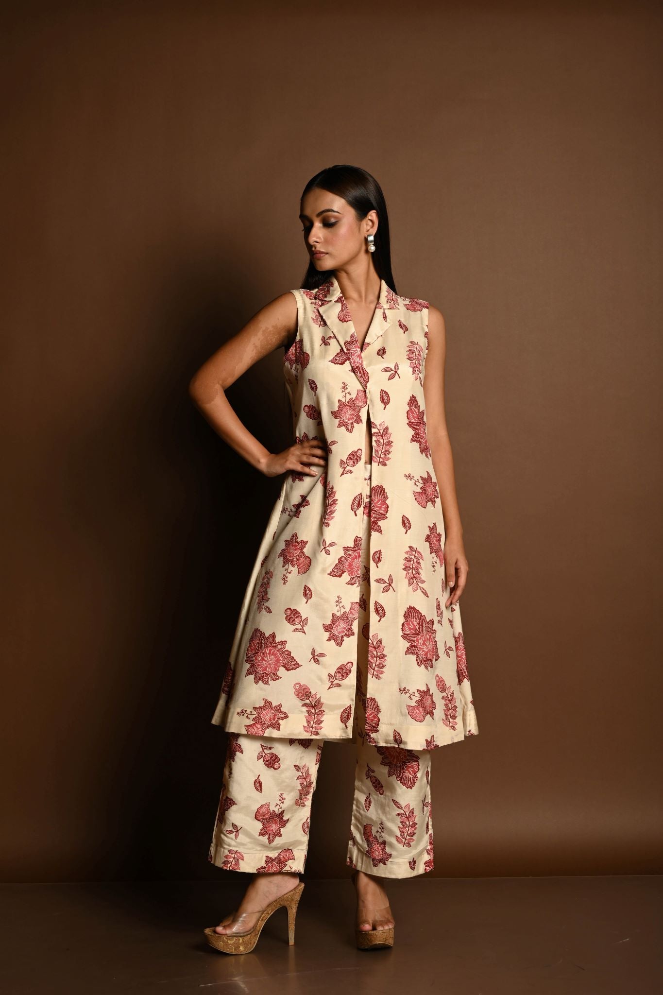 Red and White Printed Long Jacket and Pant Set - Anvi Couture