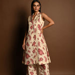 Red and White Printed Long Jacket and Pant Set - Anvi Couture