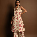 Red and White Printed Long Jacket and Pant Set - Anvi Couture