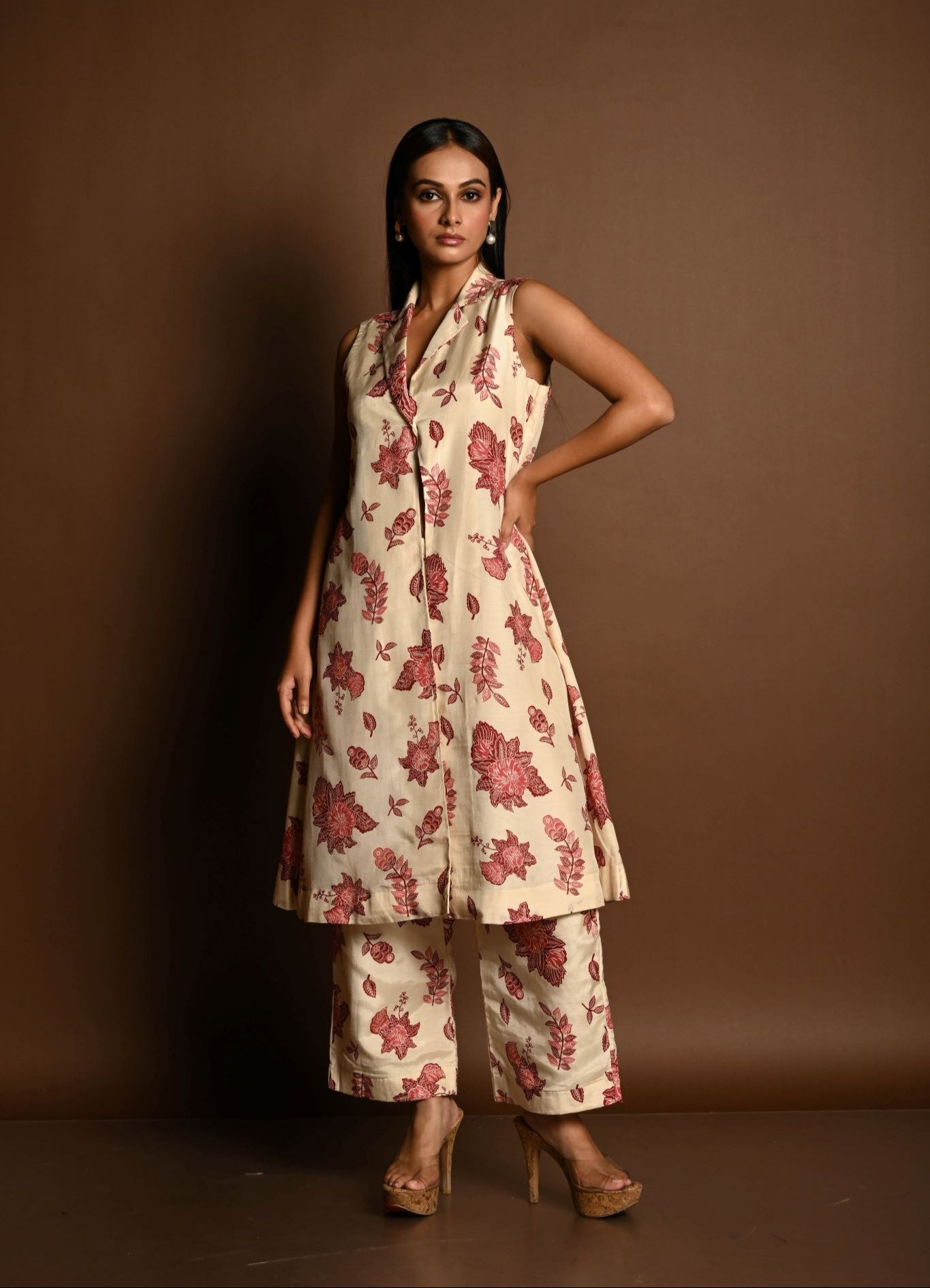 Red and White Printed Long Jacket and Pant Set - Anvi Couture - Image 1