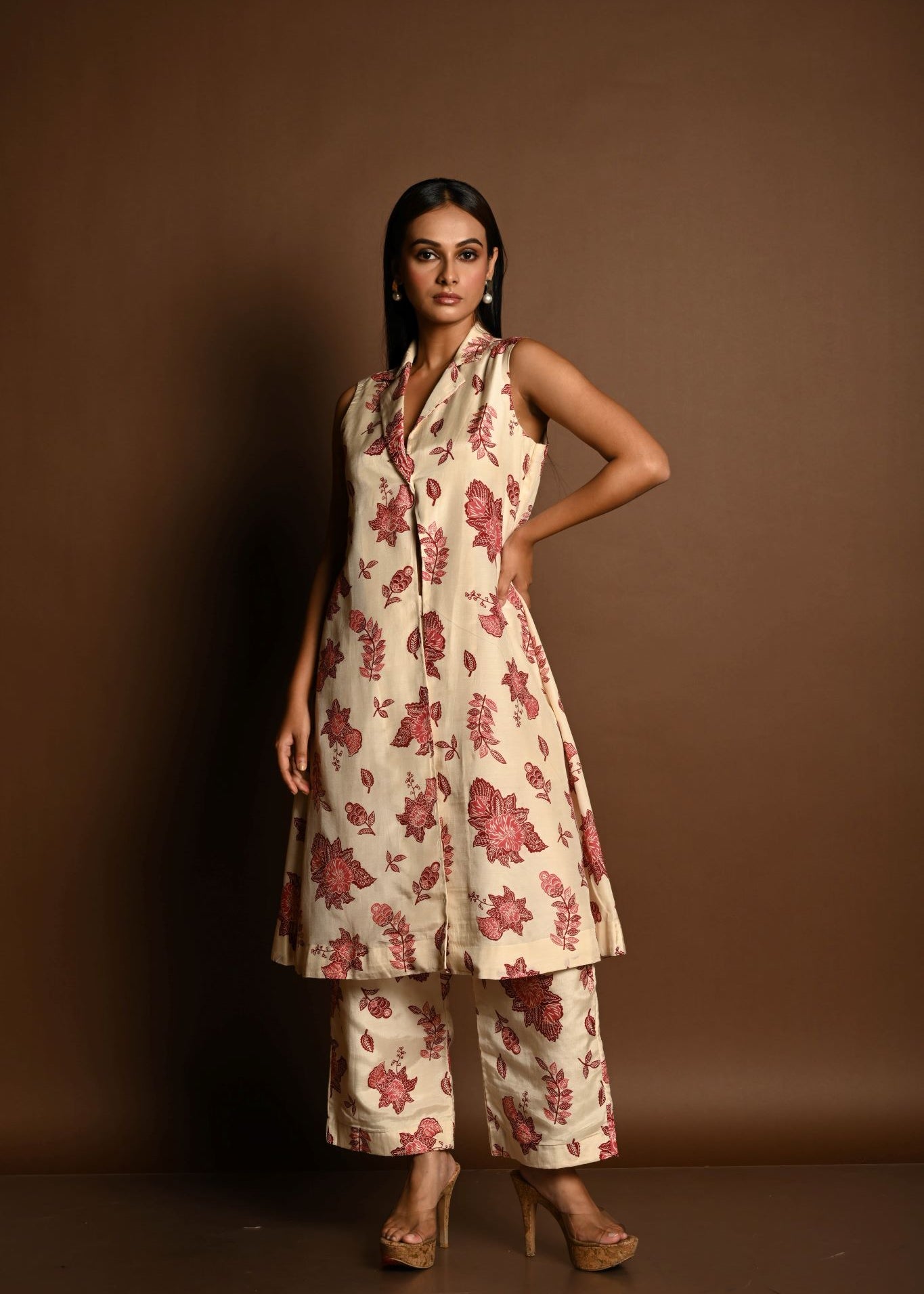 Red and White Printed Long Jacket and Pant Set - Anvi Couture